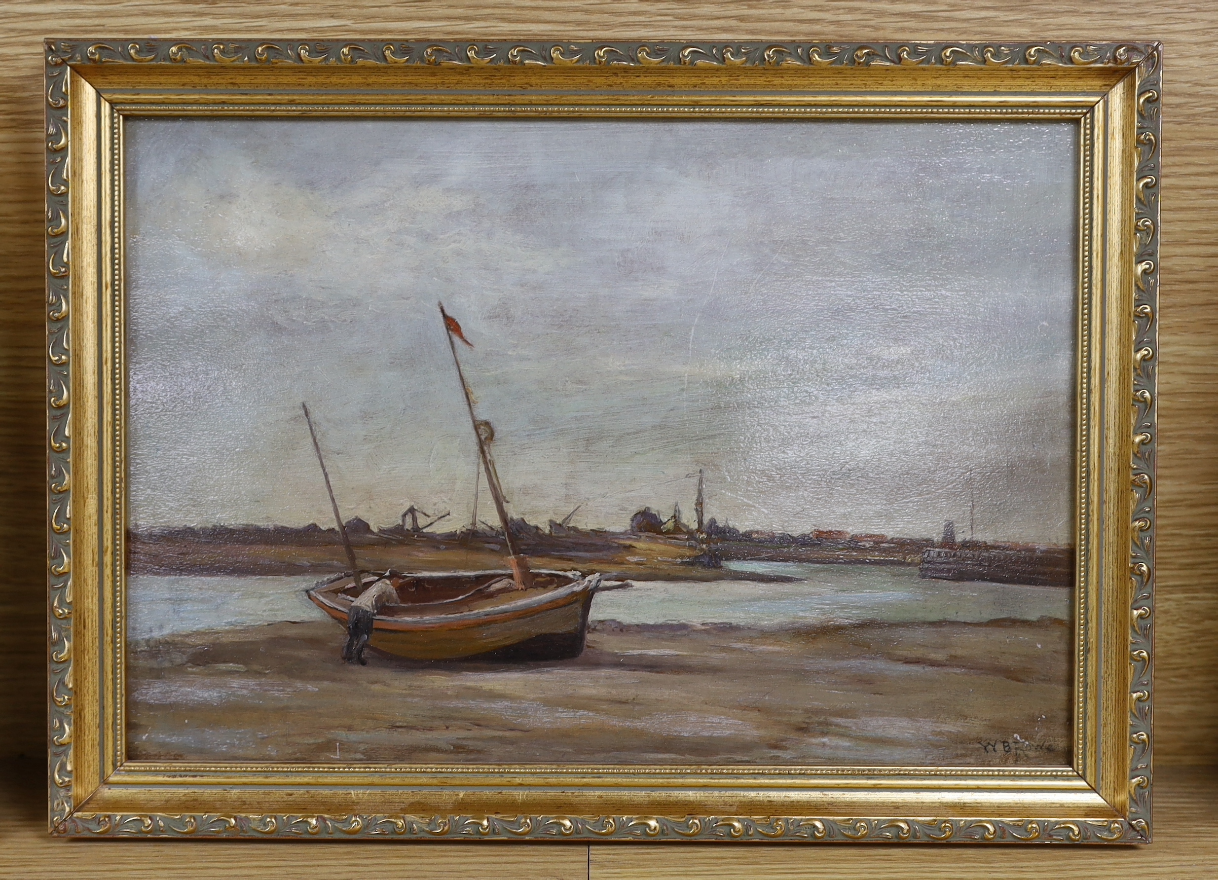 W B Rowe (1910-1955) oil on board, River Adur with beached fishing boats, signed, 24 x 34cm